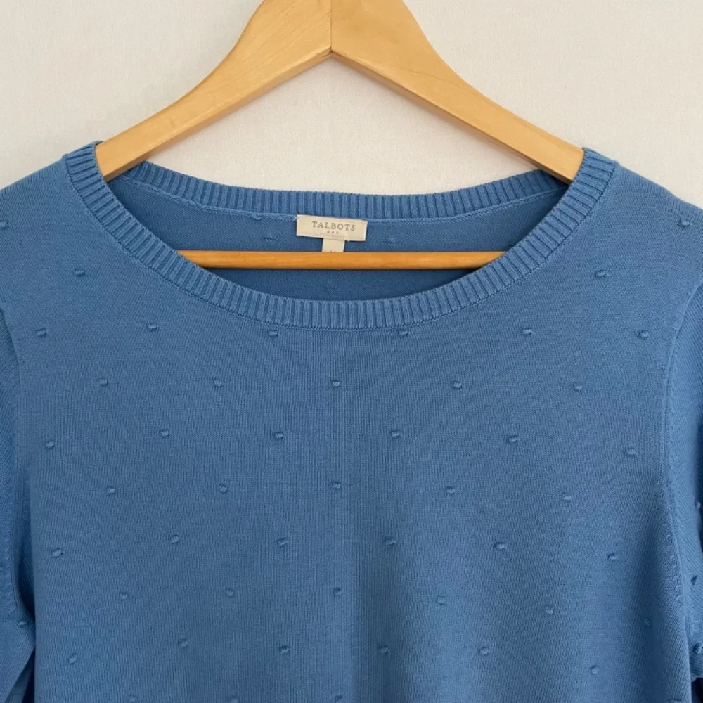 TALBOTS Medium Blue 100% Cotton Clip Dot Sweater Long Sleeve Crew Neck